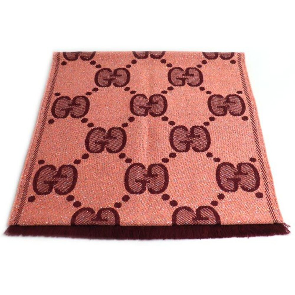 Gucci GG Wool Lame Jacquard Scarf Logo Scarf Pink Burgundy 3 Gc15 - Picture 2 of 5
